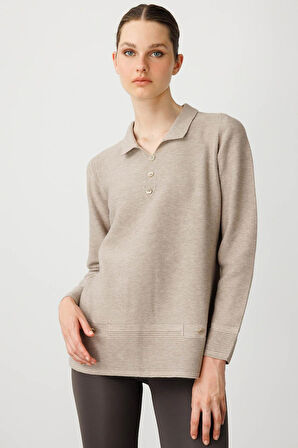 Kadın Polo Yaka Sahte Cepli Bluz Vizon