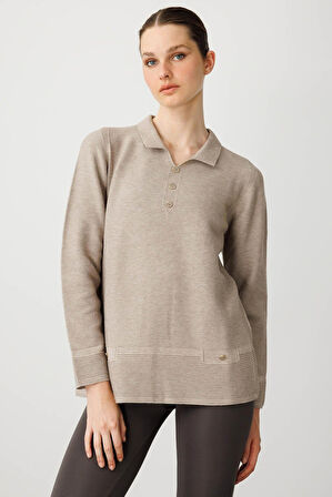 Kadın Polo Yaka Sahte Cepli Bluz Vizon