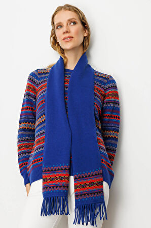 Kadın Kenarları Jakarlı Püsküllü Yün Kaşkol K.S.Mavi