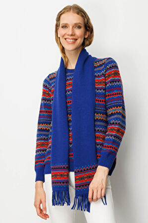 Kadın Kenarları Jakarlı Püsküllü Yün Kaşkol K.S.Mavi