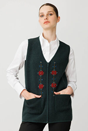 Kadın V Yaka Nakış İşlemeli Kısa Yün Yelek Yeşil