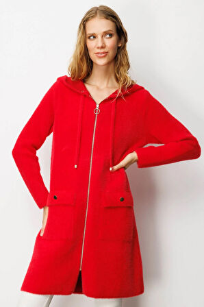 Kadın Kapüşonlu Cebi Metal Düğmeli Afrodit Triko Kaban Y.Kırmızı