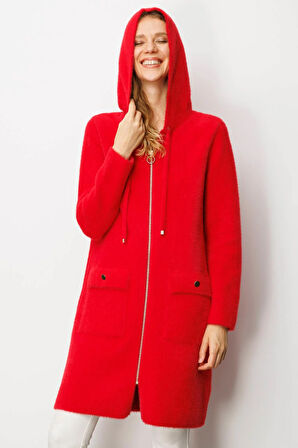 Kadın Kapüşonlu Cebi Metal Düğmeli Afrodit Triko Kaban Y.Kırmızı