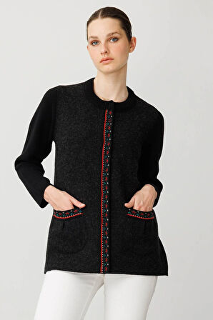Kadın Sıfır Yaka Önü Keçe Kısa Yün Ceket Siyah