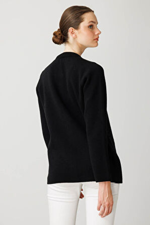 Kadın Sıfır Yaka Önü Keçe Kısa Yün Ceket Siyah