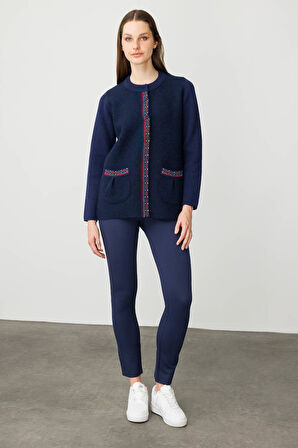 Kadın Sıfır Yaka Önü Keçe Kısa Yün Ceket Y.A Lacivert