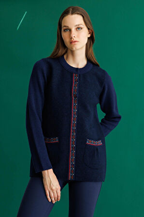 Kadın Sıfır Yaka Önü Keçe Kısa Yün Ceket Y.A Lacivert