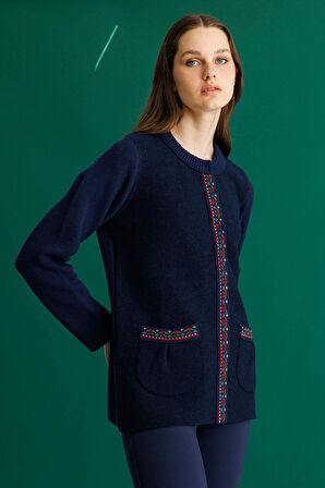 Kadın Sıfır Yaka Önü Keçe Kısa Yün Ceket Y.A Lacivert