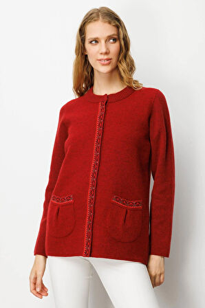 Kadın Sıfır Yaka Önü Keçe Kısa Yün Ceket Y.Kırmızı