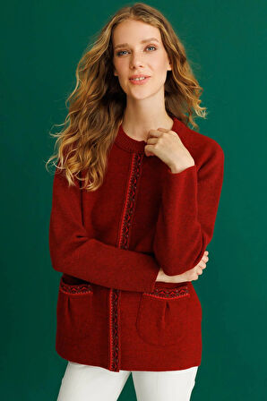 Kadın Sıfır Yaka Önü Keçe Kısa Yün Ceket Y.Kırmızı