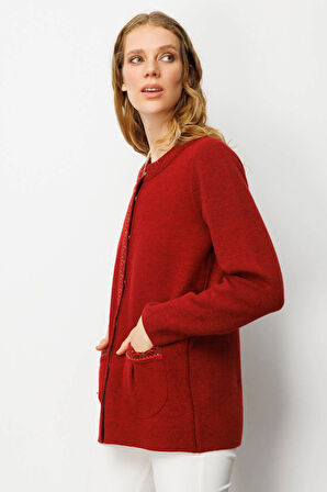 Kadın Sıfır Yaka Önü Keçe Kısa Yün Ceket Y.Kırmızı