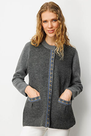 Kadın Sıfır Yaka Önü Keçe Kısa Yün Ceket Füme