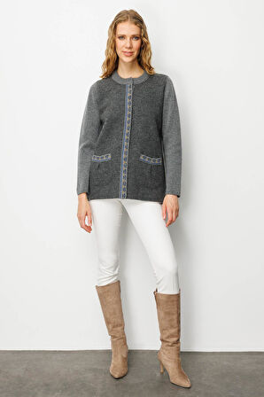 Kadın Sıfır Yaka Önü Keçe Kısa Yün Ceket Füme