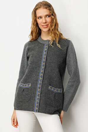 Kadın Sıfır Yaka Önü Keçe Kısa Yün Ceket Füme
