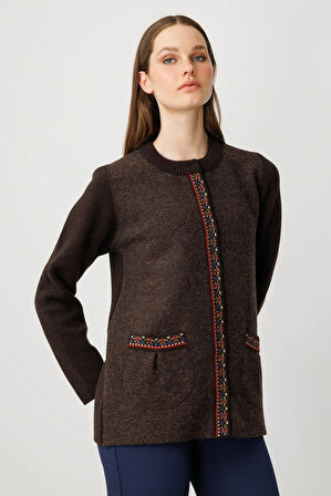 Kadın Sıfır Yaka Önü Keçe Kısa Yün Ceket K.Kahve