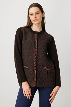 Kadın Sıfır Yaka Önü Keçe Kısa Yün Ceket K.Kahve