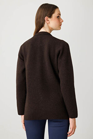 Kadın Sıfır Yaka Önü Keçe Kısa Yün Ceket K.Kahve