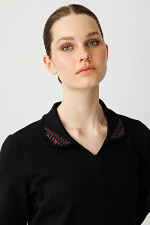 Kadın Polo Yaka Likralı Pamuklu Bluz Siyah