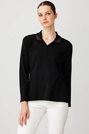 Kadın Polo Yaka Likralı Pamuklu Bluz Siyah