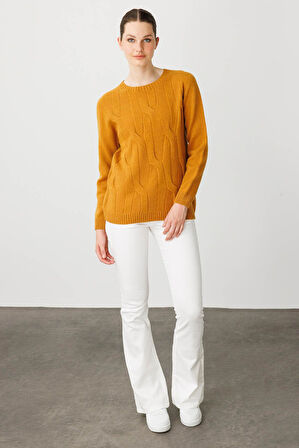 Kadın Sıfır Yaka Kalın Yürütmeli Yün Kazak Hardal