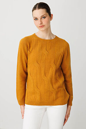 Kadın Sıfır Yaka Kalın Yürütmeli Yün Kazak Hardal