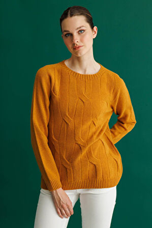 Kadın Sıfır Yaka Kalın Yürütmeli Yün Kazak Hardal