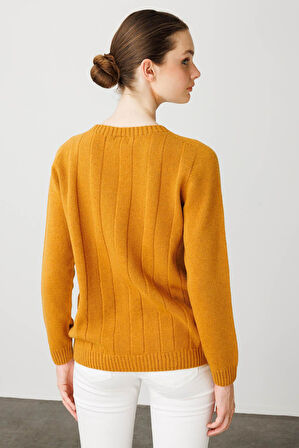 Kadın Sıfır Yaka Kalın Yürütmeli Yün Kazak Hardal