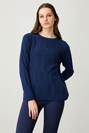 Kadın Sıfır Yaka Kalın Yürütmeli Yün Kazak İndigo