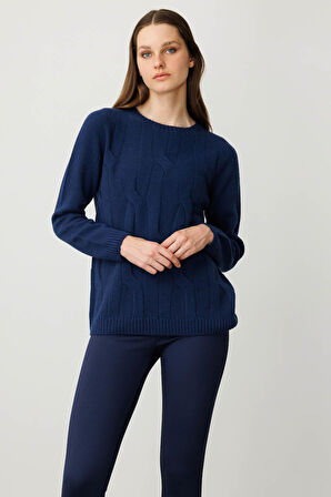 Kadın Sıfır Yaka Kalın Yürütmeli Yün Kazak İndigo