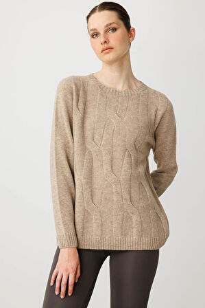 Kadın Sıfır Yaka Kalın Yürütmeli Yün Kazak K.Bej