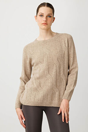 Kadın Sıfır Yaka Kalın Yürütmeli Yün Kazak K.Bej