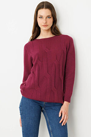 Kadın Sıfır Yaka Kalın Yürütmeli Yün Kazak Mürdüm