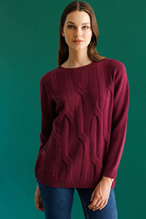 Kadın Sıfır Yaka Kalın Yürütmeli Yün Kazak Mürdüm