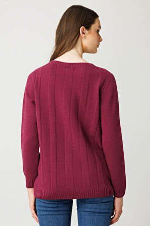 Kadın Sıfır Yaka Kalın Yürütmeli Yün Kazak Mürdüm