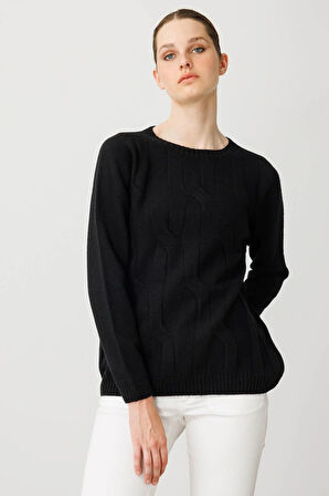 Kadın Sıfır Yaka Kalın Yürütmeli Yün Kazak Siyah