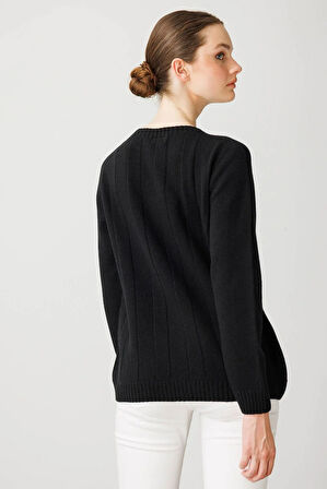 Kadın Sıfır Yaka Kalın Yürütmeli Yün Kazak Siyah