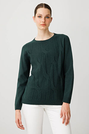 Kadın Sıfır Yaka Kalın Yürütmeli Yün Kazak Yeşil