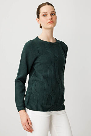 Kadın Sıfır Yaka Kalın Yürütmeli Yün Kazak Yeşil