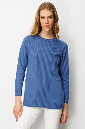 Kadın Sıfır Yaka Önü Çizgili Örgü Kazak İndigo