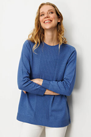 Kadın Sıfır Yaka Önü Çizgili Örgü Kazak İndigo