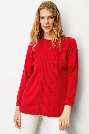 Kadın Sıfır Yaka Önü Çizgili Örgü Kazak K.Kırmızı