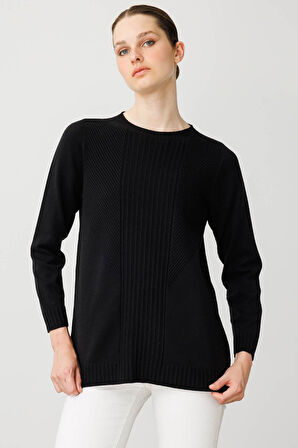 Kadın Sıfır Yaka Önü Çizgili Örgü Kazak Siyah