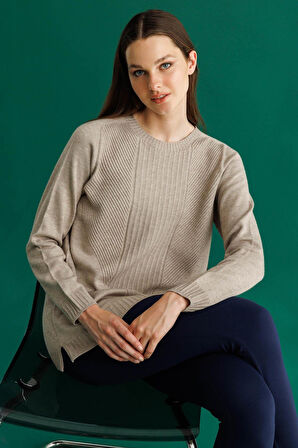 Kadın Sıfır Yaka Önü Çizgili Örgü Kazak Vizon