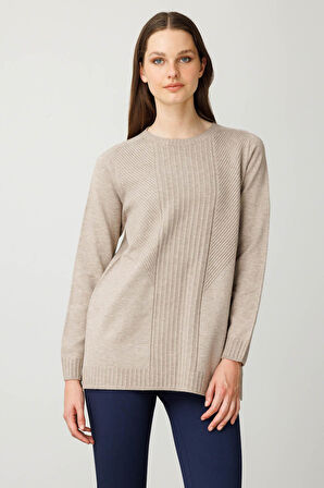 Kadın Sıfır Yaka Önü Çizgili Örgü Kazak Vizon