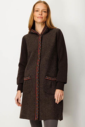 Kadın Kapüşonlu Önü Keçe Yün Kaban K.Kahve