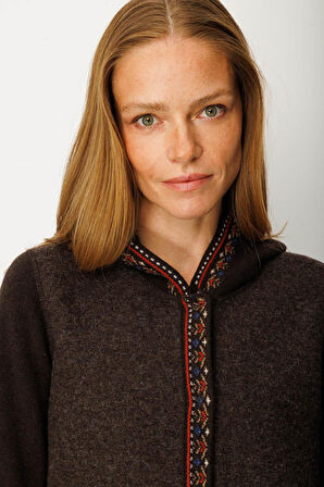 Kadın Kapüşonlu Önü Keçe Yün Kaban K.Kahve