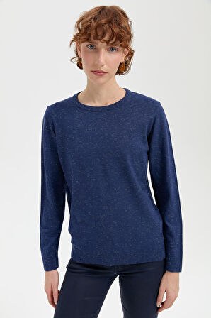 Kadın Sıfır Yaka Angelina Basic Kazak İndigo