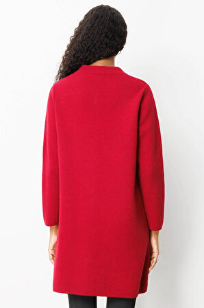 Kadın Dik Yaka Cebi Tığlamalı Uzun Yün Kaban V.Çürüğü