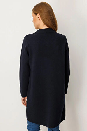 Kadın Dik Yaka Cebi Tığlamalı Uzun Yün Kaban K.Lacivert