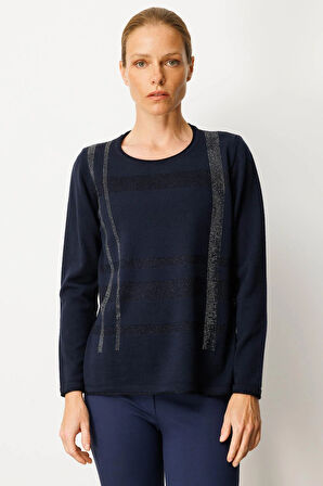 Kadın Sıfır Yaka Sim Çizgili Taşlı Yün Bluz K.Lacivert